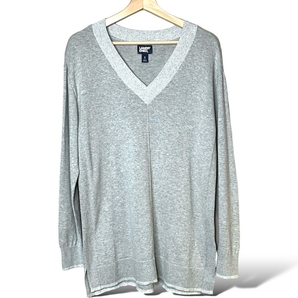 LANDS’ END 100% Cotton Women’s Grey Vee Neck Long Sleeve Sweater Unisex US Sz S - Picture 1 of 9